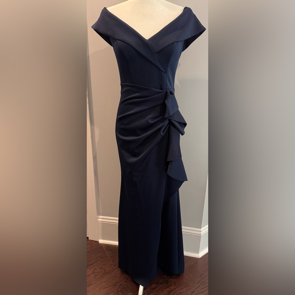 Xscape Blue formal dress with Ruched Ruffle